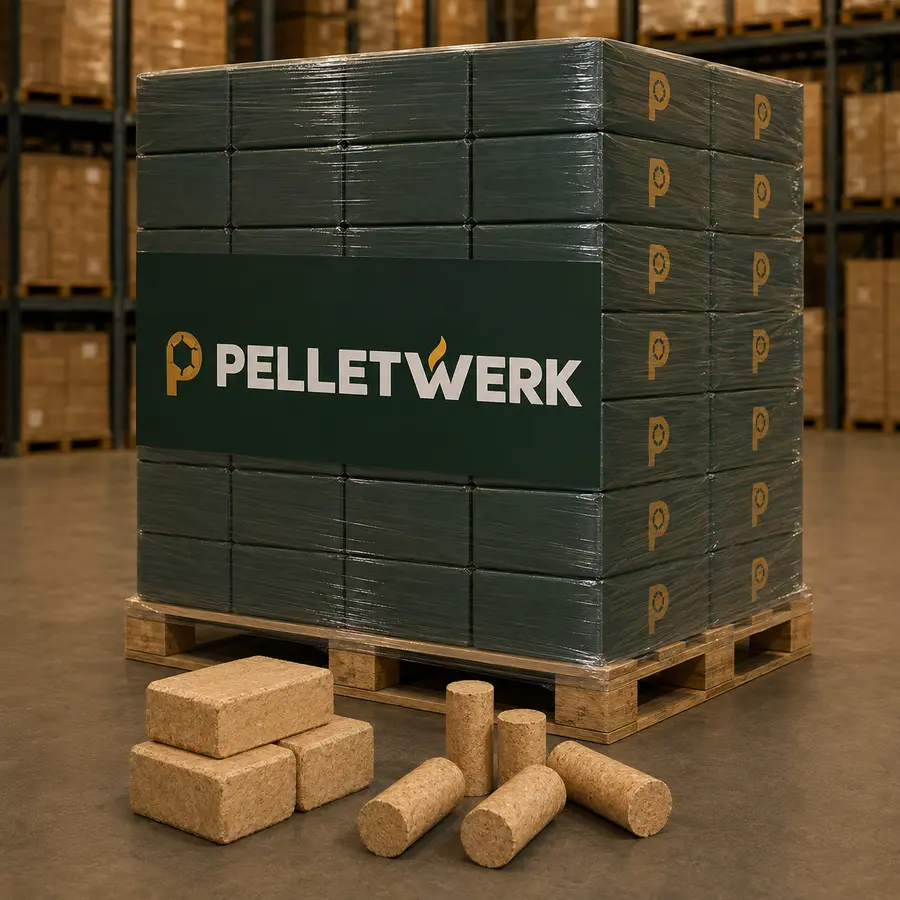 Holzbriketts — realistisch palettiert und transportbereit