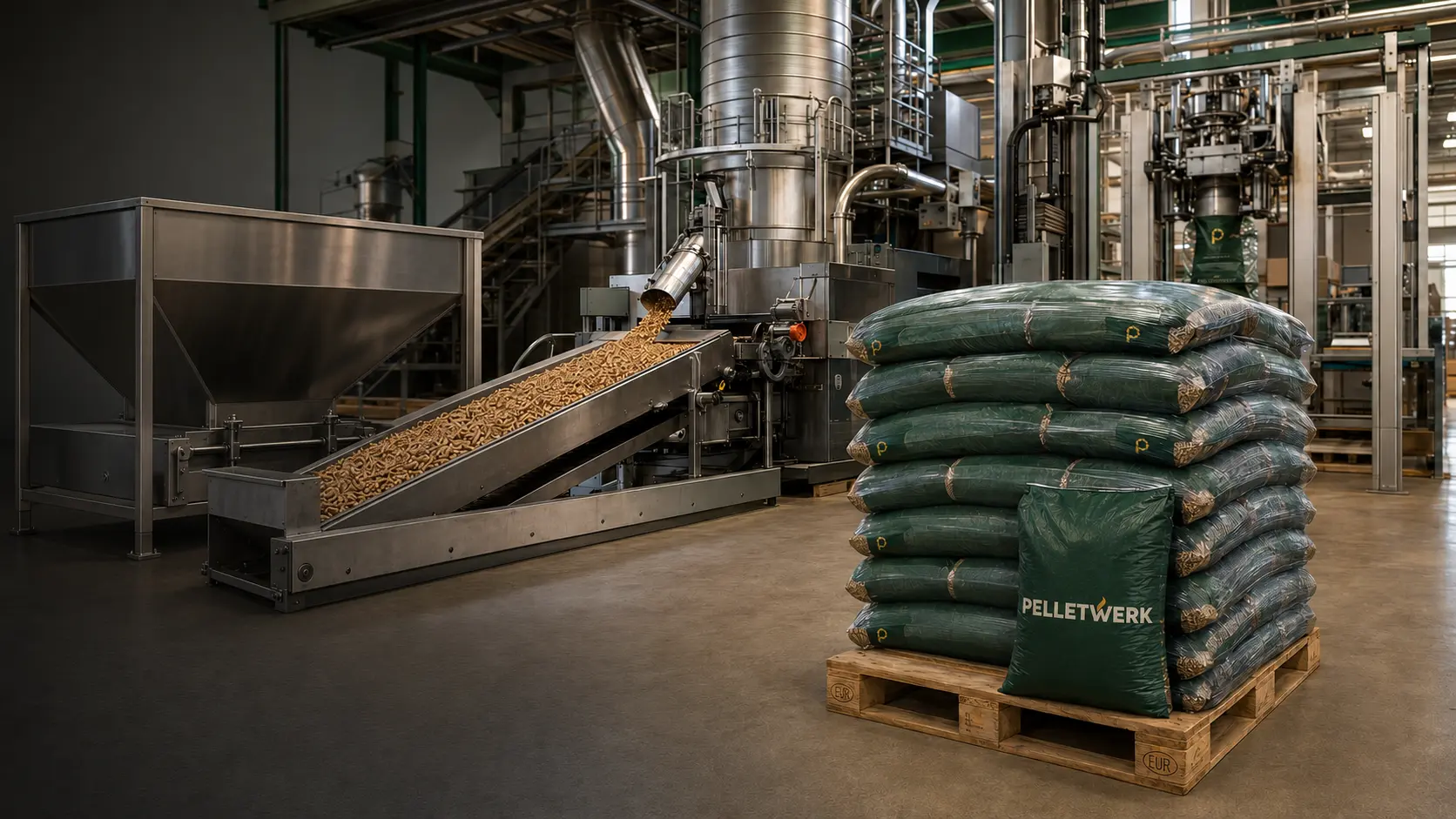 PelletWerk Produktion mit abgefüllten Holzpellets auf der Fertigungslinie