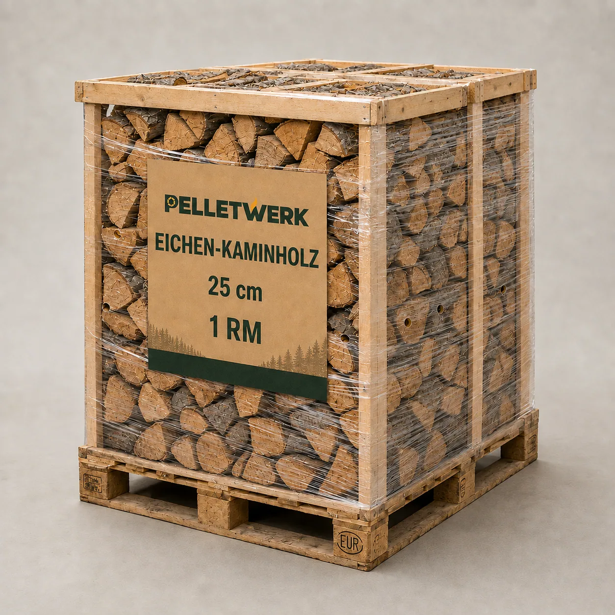 Trockenes Eichen-Kaminholz 25 cm · Vorratspalette 1 RM