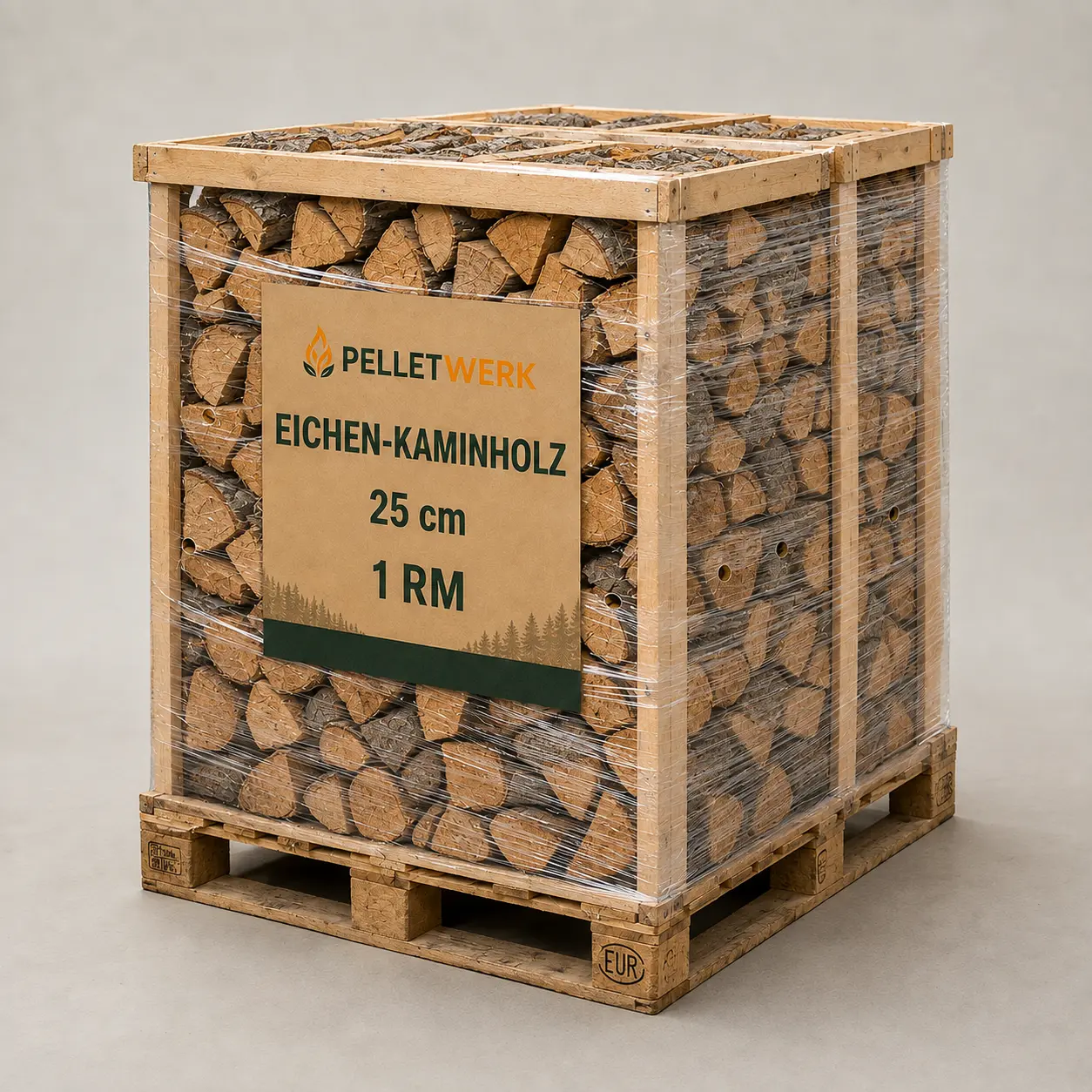 Legna di quercia secca 25 cm · pallet completo da 1 metro stero accatastato