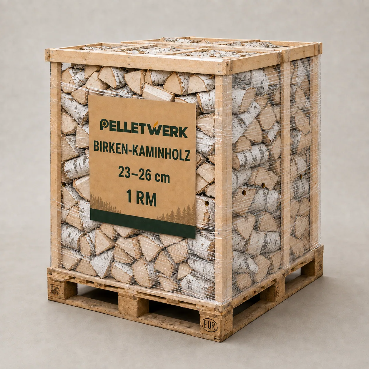 Trockenes Birken-Kaminholz 25 cm · Vorratspalette 1 RM