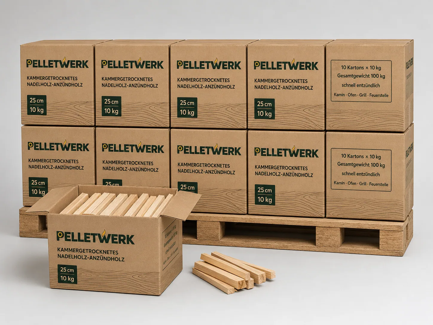 Kammergetrocknetes Nadelholz-Anzündholz 25 cm – 10 Kartons × 10 kg