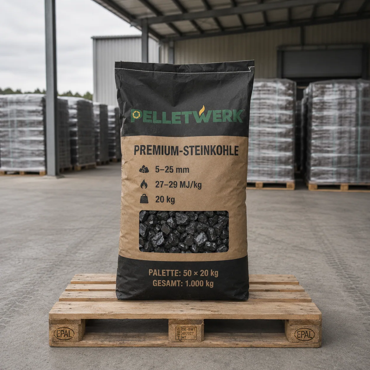 Premium-Steinkohle 5–25 mm, 27–29 MJ/kg · Vorratspalette 1.000 kg (50 × 20 kg)