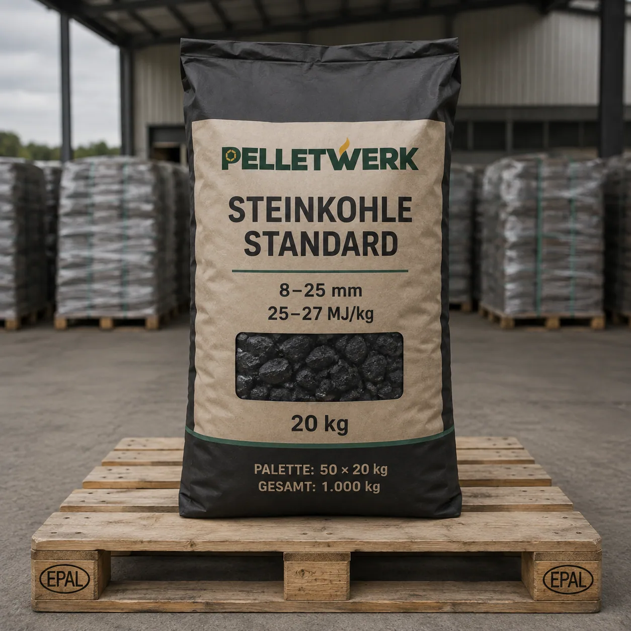 Steinkohle Standard 8–25 mm, 25–27 MJ/kg · Vorratspalette 1.000 kg (50 × 20 kg)