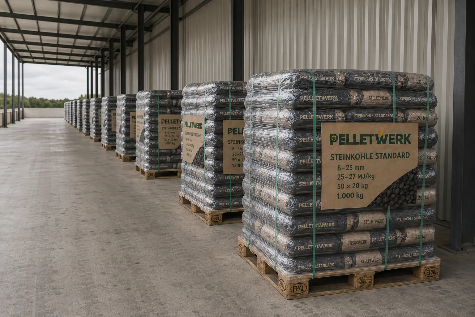 Carbone fossile standard calibrato 8–25 mm, 25–27 MJ/kg – pallet 1.000 kg (50 × 20 kg)