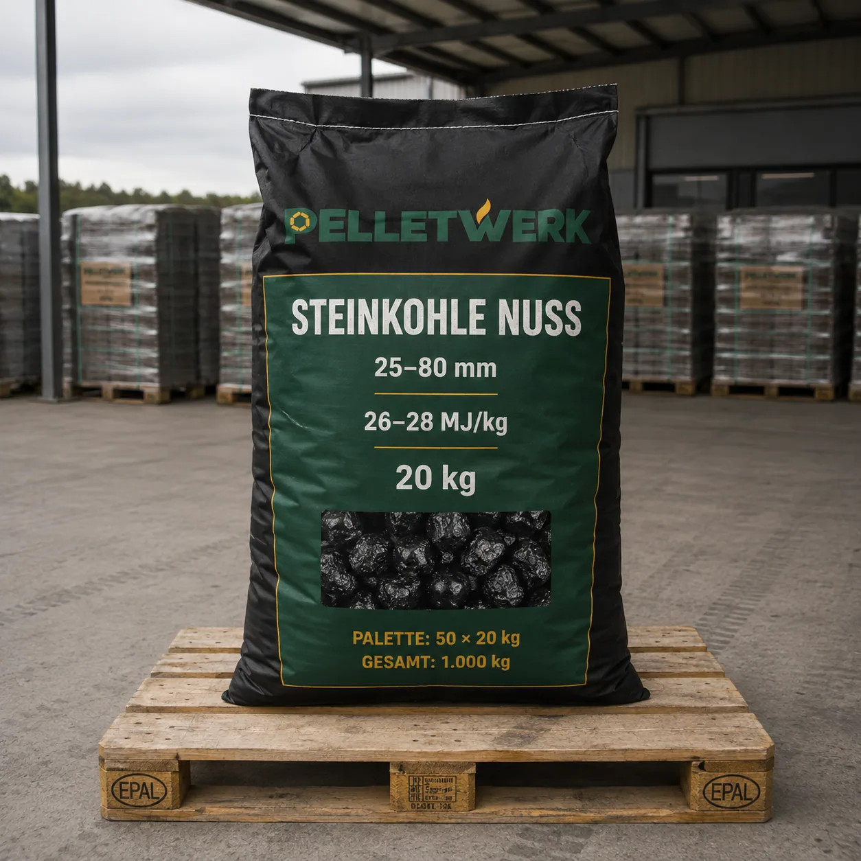 Steinkohle Nuss 25–80 mm, 26–28 MJ/kg · Vorratspalette 1.000 kg (50 × 20 kg)