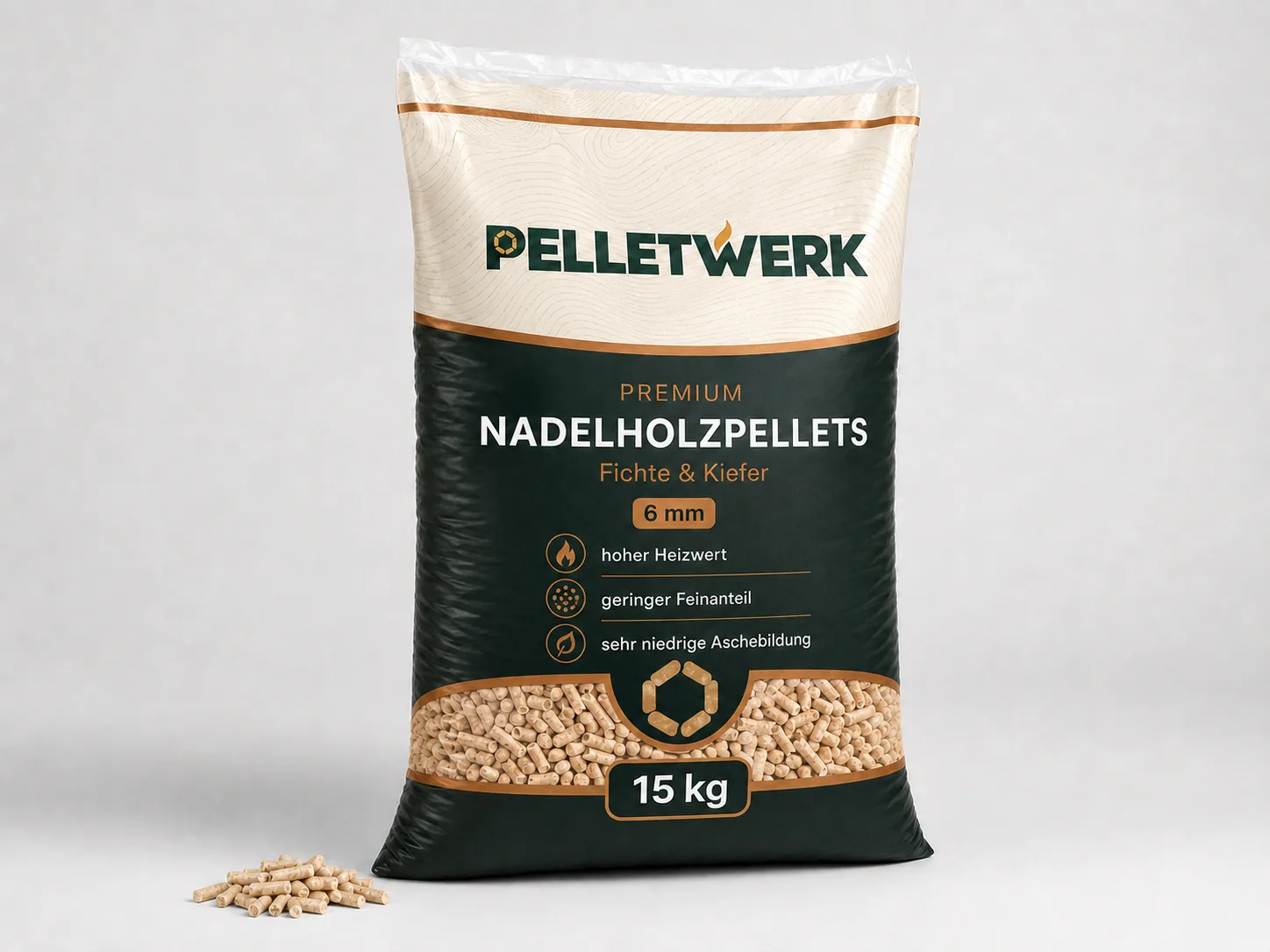 Premium-Nadelholzpellets 6 mm · Vorratspalette 990 kg (66 × 15 kg)