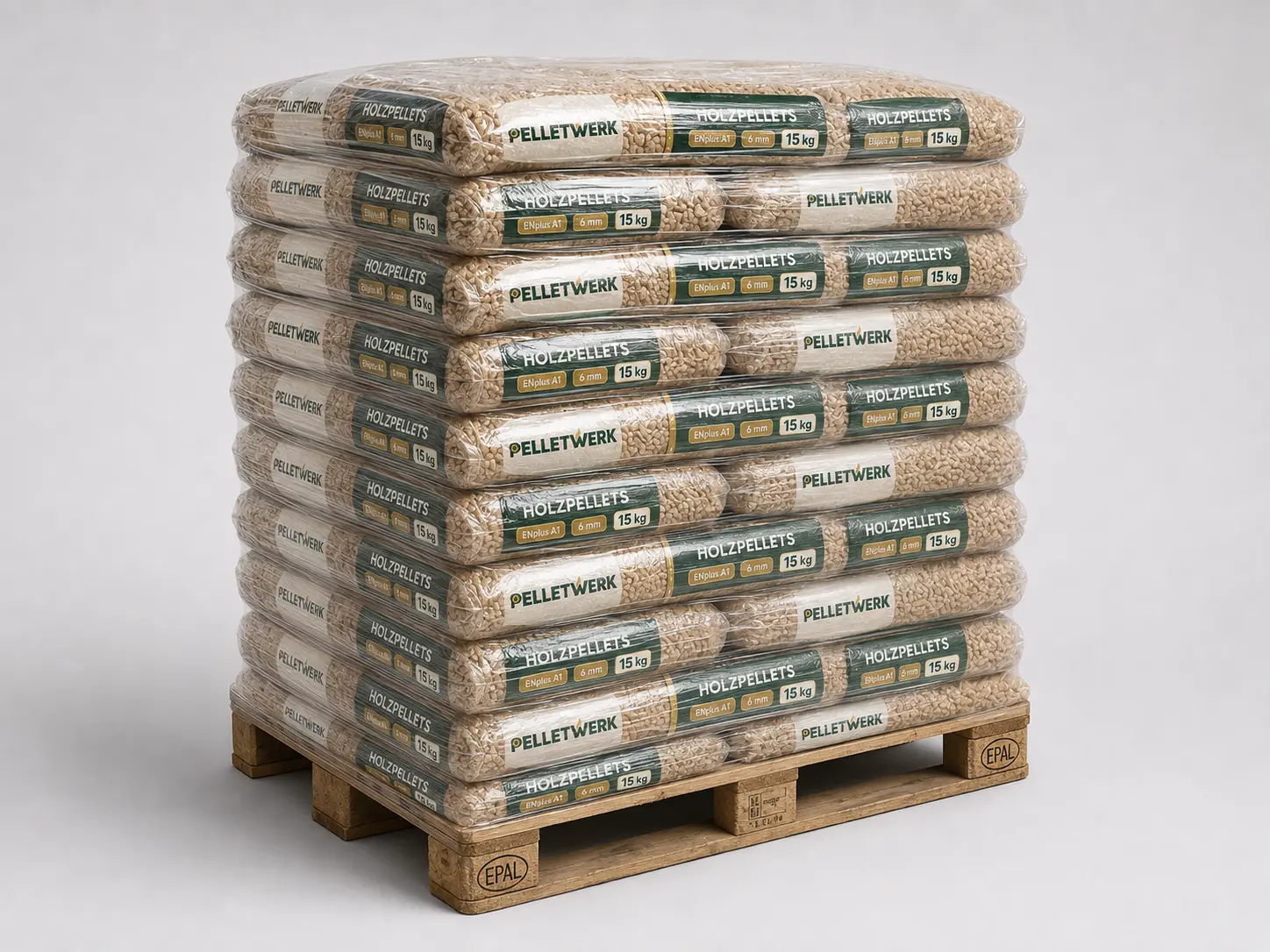 Premium-Nadelholzpellets 6 mm · Vorratspalette 990 kg (66 × 15 kg)