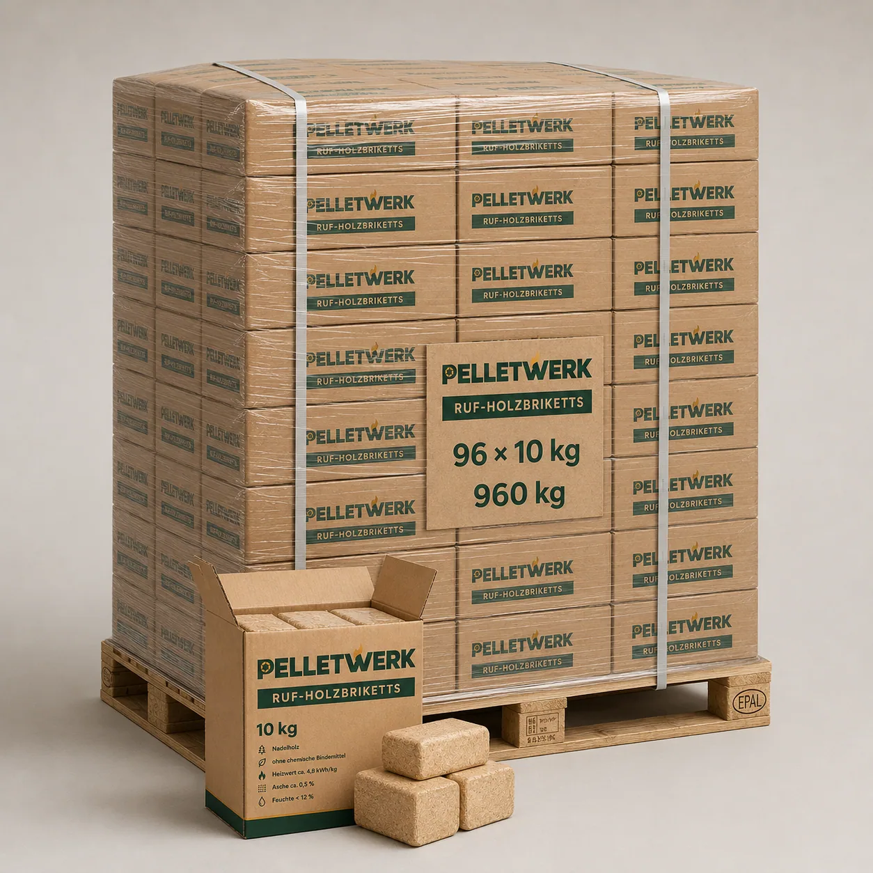 RUF-Holzbriketts · Vorratspalette 960 kg (96 × 10 kg)