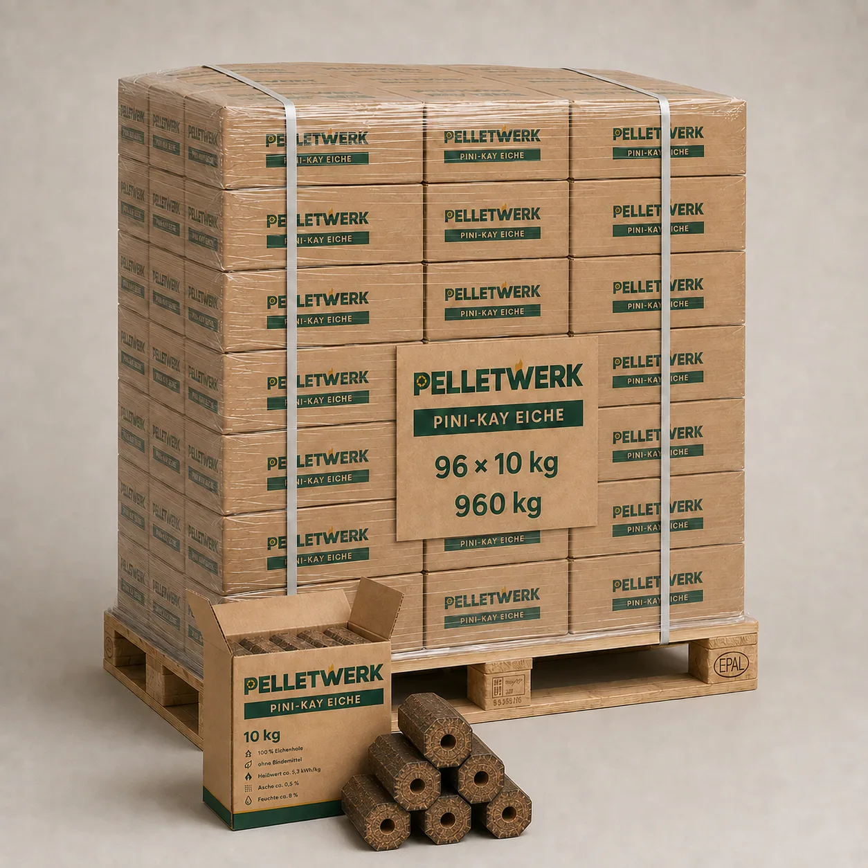Pini-Kay-Eichenholzbriketts · Vorratspalette 960 kg (96 × 10 kg)