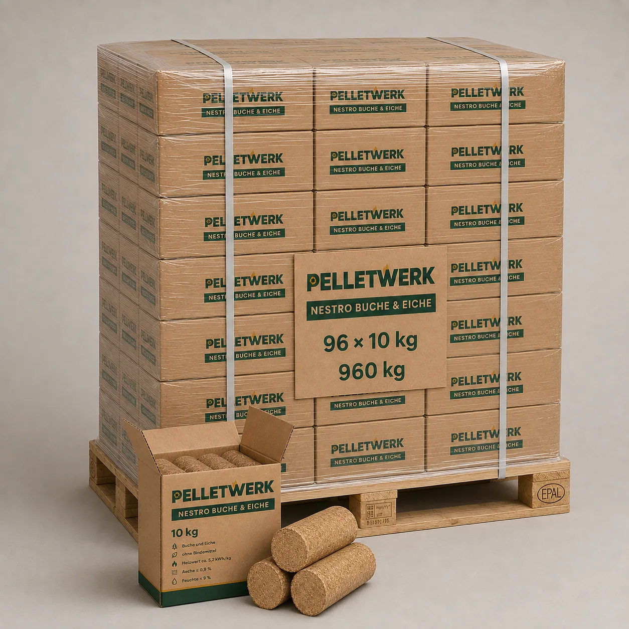 Nestro-Buchen-Eichenholzbriketts · Vorratspalette 960 kg (96 × 10 kg)