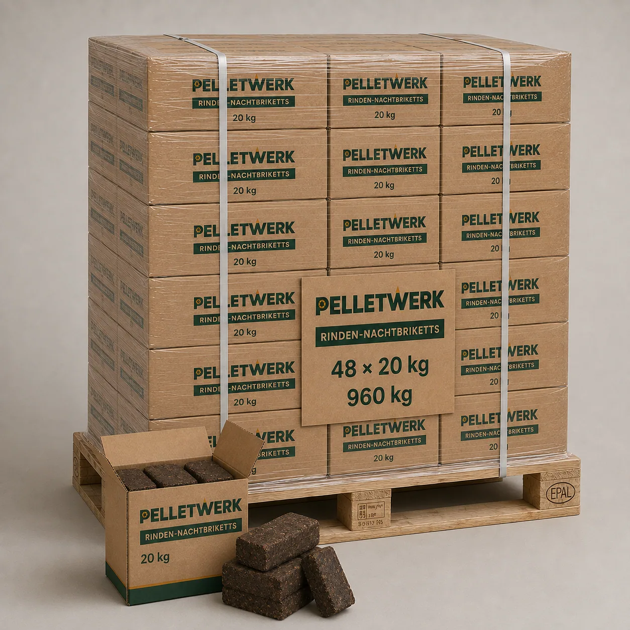 Rinden-Nachtbriketts · Vorratspalette 960 kg (48 × 20 kg)